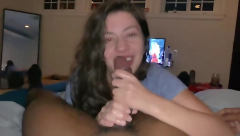 Horny brunette deepthroat and big cock in pov clip