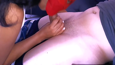 Horny brunette is having a handjob with her stepbro