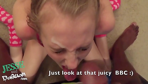 Blonde teen is getting a facial from her white guy