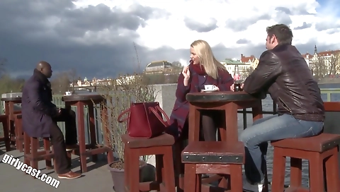 Blonde and brunette are having some fun with a black guy