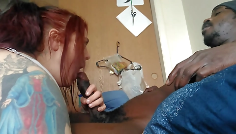 Hot redhead with a tattooed round ass has a deepthroating